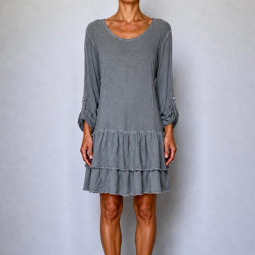 Vintage Made In Italy Gray Mineral Wash Tiered Ruffle Knee Length Dress Size M